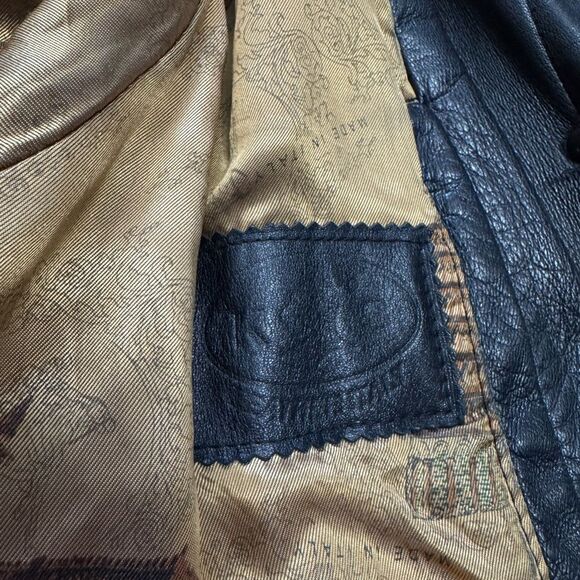 Black Leather Fur-Trim Trench Coat W/ Gold Buttons - Picture 15 of 15